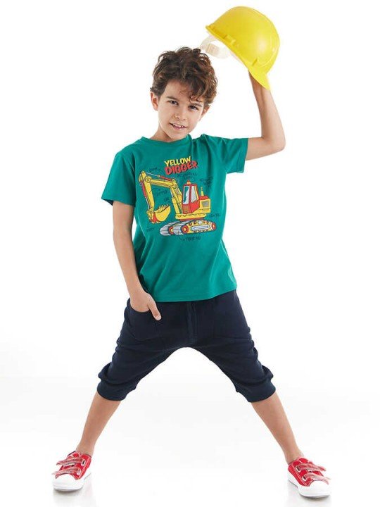 Yellow Digger Erkek Çocuk Yeşil T-shirt Kapri Şort Yazlık Takım - Mushi