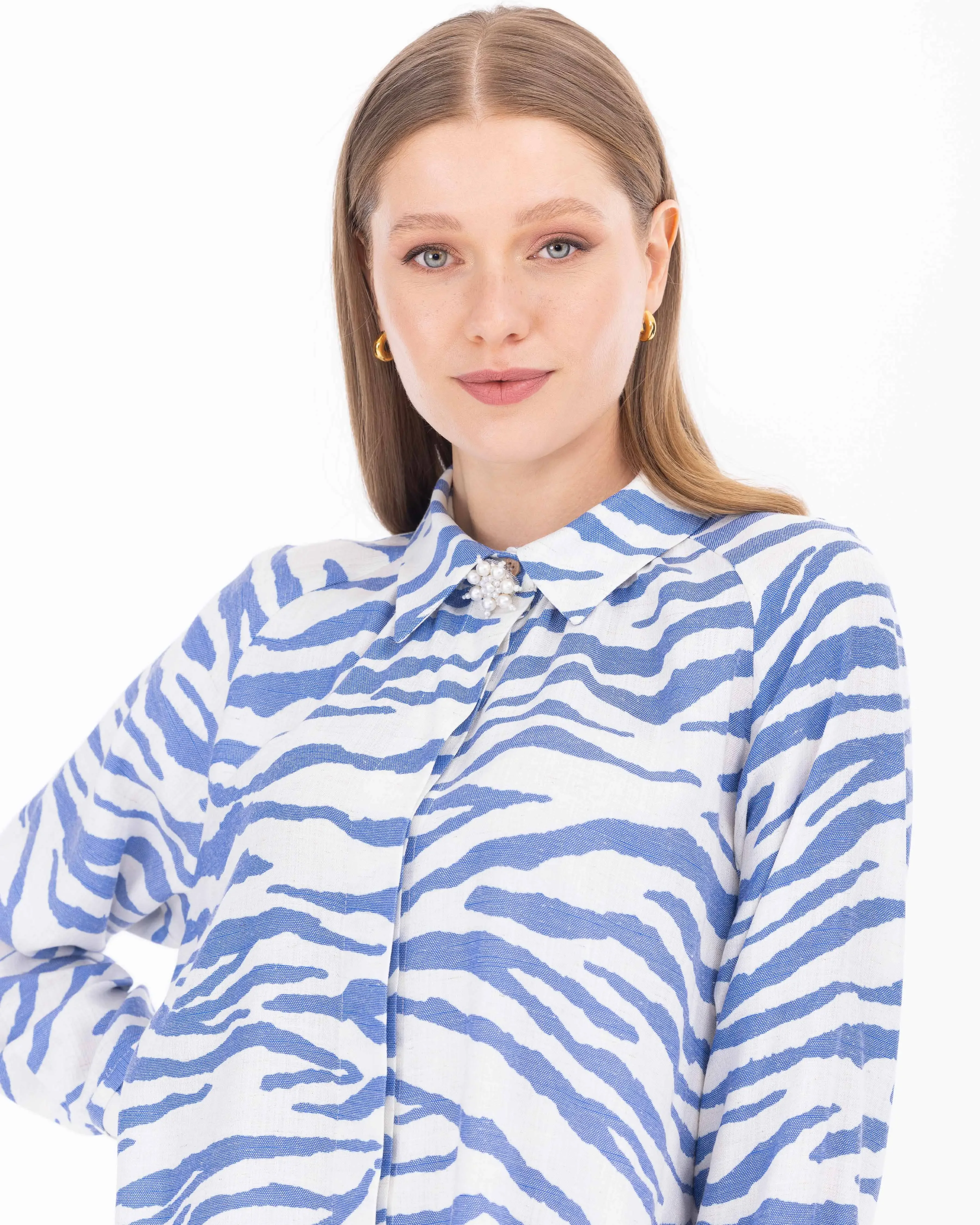 Zebra Desen Gömlek Yaka Tunik - İndigo - 6