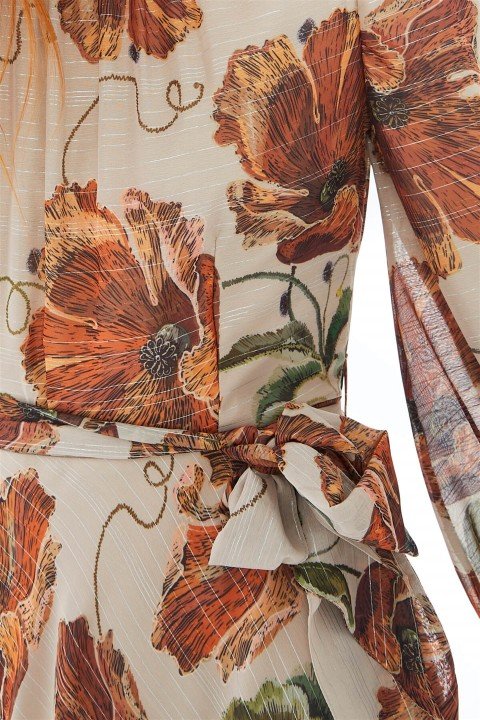 ZÜHRE Çiçek Desenli Uzun Elbise Bej E-0147 - 5