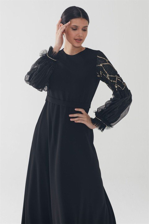ZÜHRE Işıltılı Balon Kol Elbise Siyah-Gold E-0127 - 2