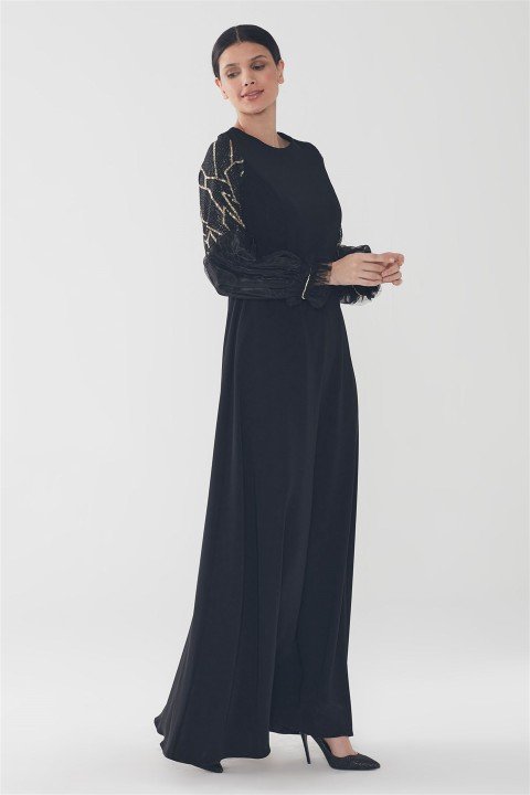 ZÜHRE Işıltılı Balon Kol Elbise Siyah-Gold E-0127 - 4