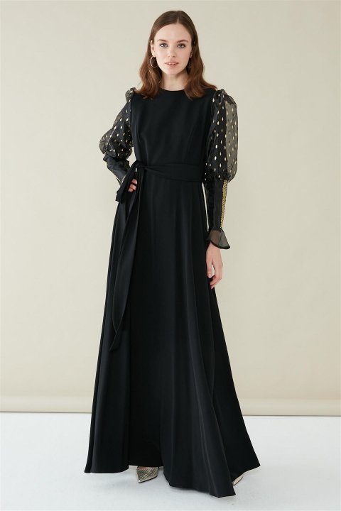 ZÜHRE Taş Yapıştırma Detaylı Elbise Siyah/Gold E-0122 - 1