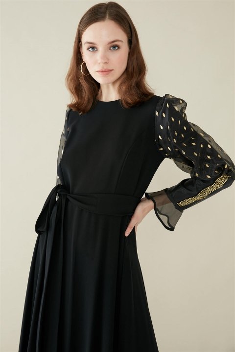 ZÜHRE Taş Yapıştırma Detaylı Elbise Siyah/Gold E-0122 - 3
