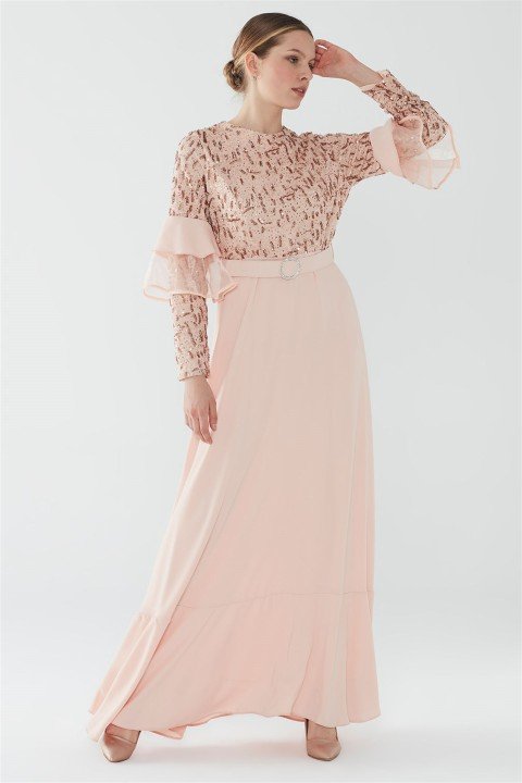 ZÜHRE Taşlı Tokalı Kemerli Elbise Pudra E-0128 - 1