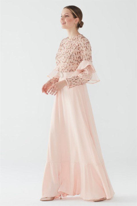 ZÜHRE Taşlı Tokalı Kemerli Elbise Pudra E-0128 - 3