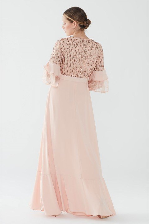 ZÜHRE Taşlı Tokalı Kemerli Elbise Pudra E-0128 - 5
