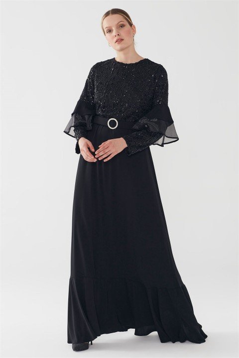 ZÜHRE Taşlı Tokalı Kemerli Elbise Siyah E-0128 - 1