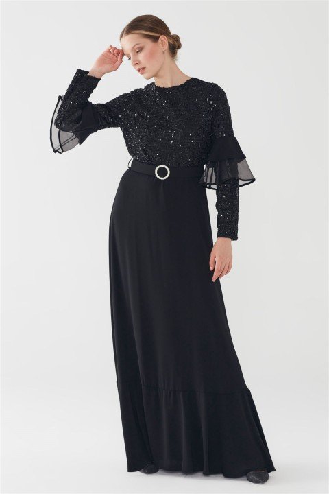 ZÜHRE Taşlı Tokalı Kemerli Elbise Siyah E-0128 - 2