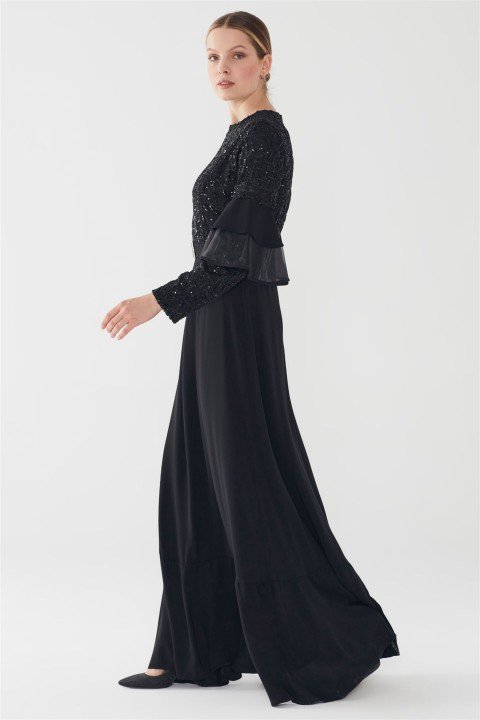 ZÜHRE Taşlı Tokalı Kemerli Elbise Siyah E-0128 - 3