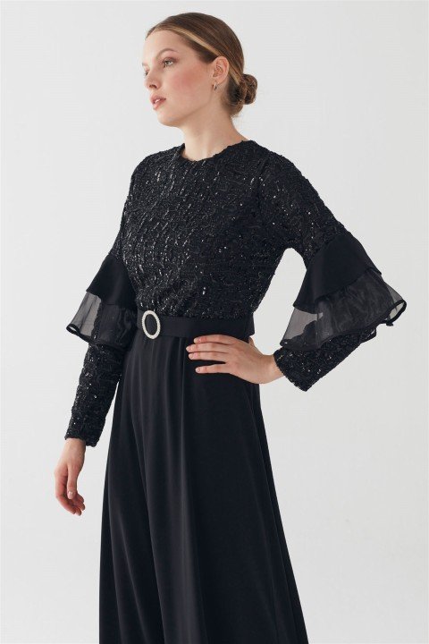 ZÜHRE Taşlı Tokalı Kemerli Elbise Siyah E-0128 - 4