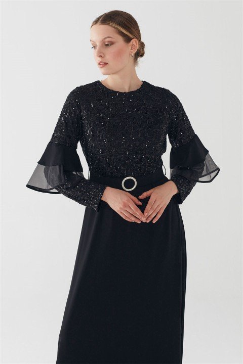 ZÜHRE Taşlı Tokalı Kemerli Elbise Siyah E-0128 - 5