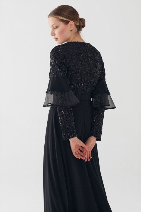 ZÜHRE Taşlı Tokalı Kemerli Elbise Siyah E-0128 - 6
