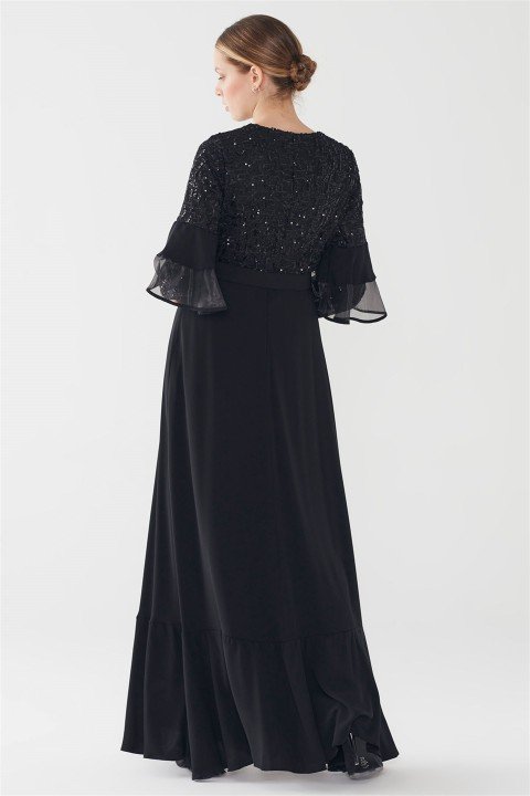 ZÜHRE Taşlı Tokalı Kemerli Elbise Siyah E-0128 - 7